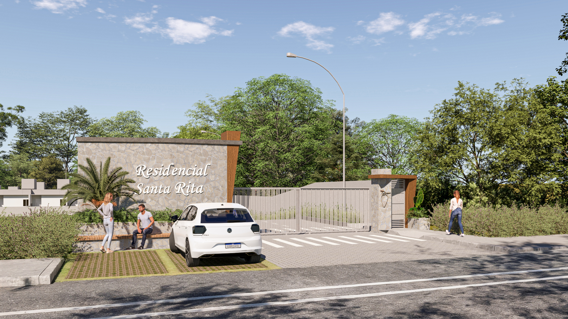 Entrada principal do Residencial Santa Rita, empreendimento residencial em Estrela, RS.
