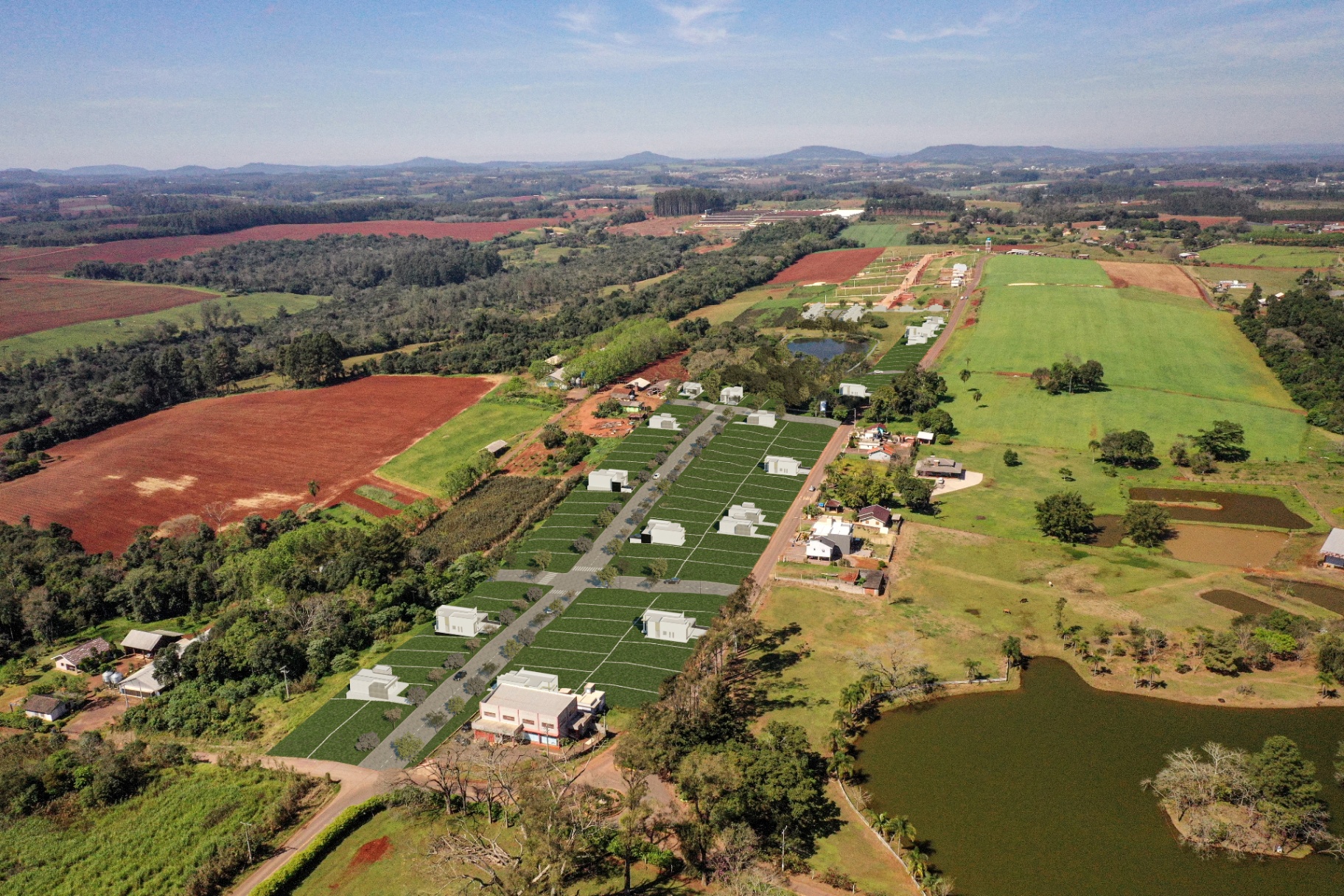 Vista aérea do Jardim Santa Rita, loteamento residencial em Estrela, RS.